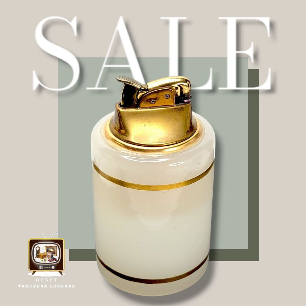 Vintage Evans Table Lighter Milk Glass  Brass Gold Details